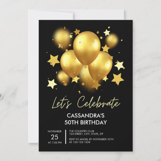 Sparkling Golden Balloons Stars Black Birthday Kaart (Voorkant)