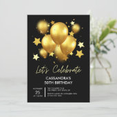 Sparkling Golden Balloons Stars Black Birthday Kaart (Staand voorkant)