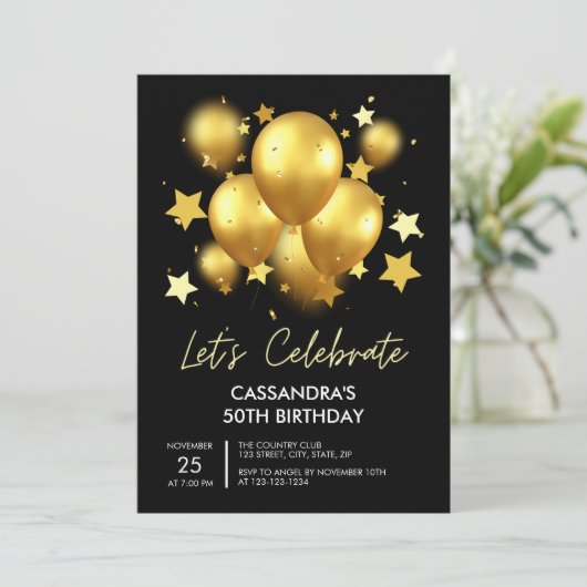 Sparkling Golden Balloons Stars Black Birthday Kaart (Staand voorkant)
