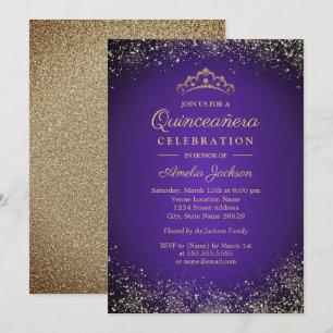 Sparkling Gouden Paarse Glitter Quinceanera 15e Kaart