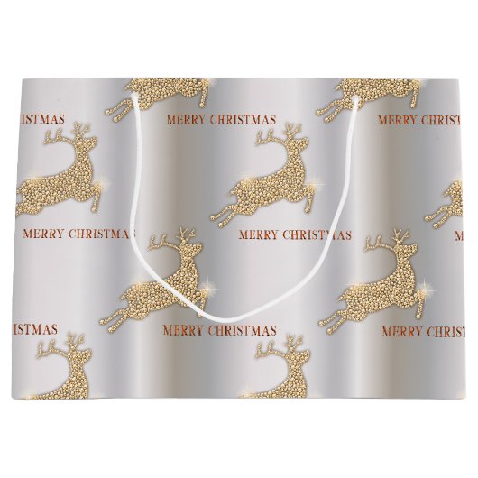 Sparkling Gouden Rendier Zilveren Kerstmis Groot Cadeauzakje (Voorkant)