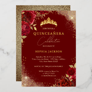 Sparkling Gouden Rode Roos Tiara Quinceanera Folie Uitnodiging