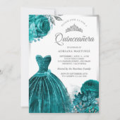Sparkling Gown Blauwgroen Rozen Silver Quinceanera Kaart (Voorkant)