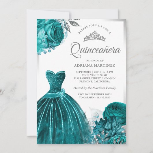 Sparkling Gown Blauwgroen Rozen Silver Quinceanera Kaart (Voorkant)