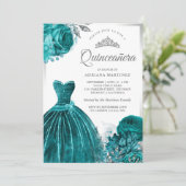 Sparkling Gown Blauwgroen Rozen Silver Quinceanera Kaart (Staand voorkant)