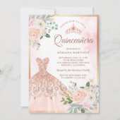 Sparkling Gown Blush Bloemen Roos Goud Quinceanera Kaart (Voorkant)