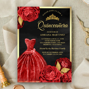 Sparkling Gown Red Roses Black Gold Quinceanera Kaart