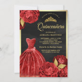 Sparkling Gown Red Roses Black Gold Quinceanera Kaart (Voorkant)