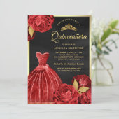 Sparkling Gown Red Roses Black Gold Quinceanera Kaart (Staand voorkant)