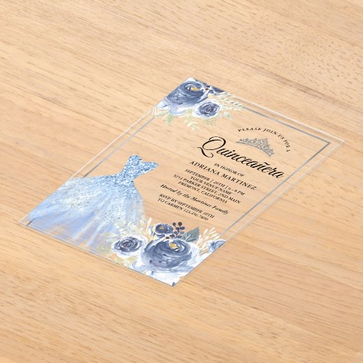 Sparkling Gown Zacht Blauw Rozen Zilver Quinceaner Acryl Uitnodigingen (Laagn)