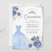 Sparkling Gown Zacht Blauw Rozen Zilver Quinceaner Kaart (Voorkant)