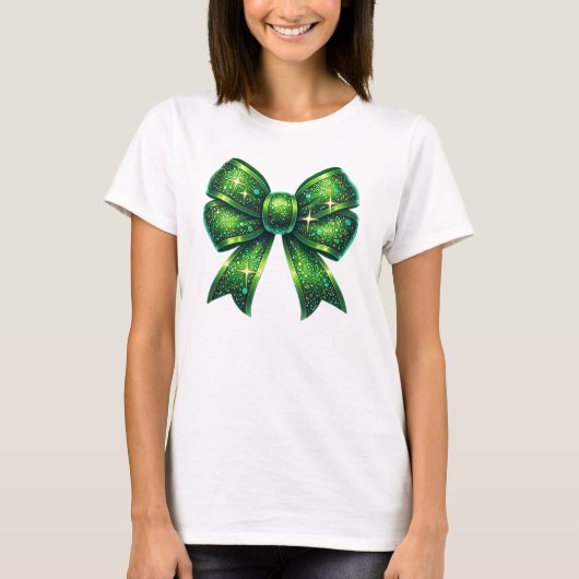 Sparkling Green Glitter Bow T-shirt (Voorkant)
