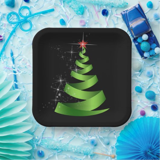 Sparkling Green Ribbon Kerstboom Papieren Bordje (Feest)
