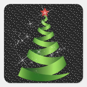 Sparkling Green Ribbon Kerstboom Vierkante Sticker