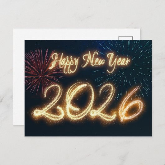 Sparkling Happy New Year 2026 Fireworks Feestdagenkaart (Voorkant / Achterkant)