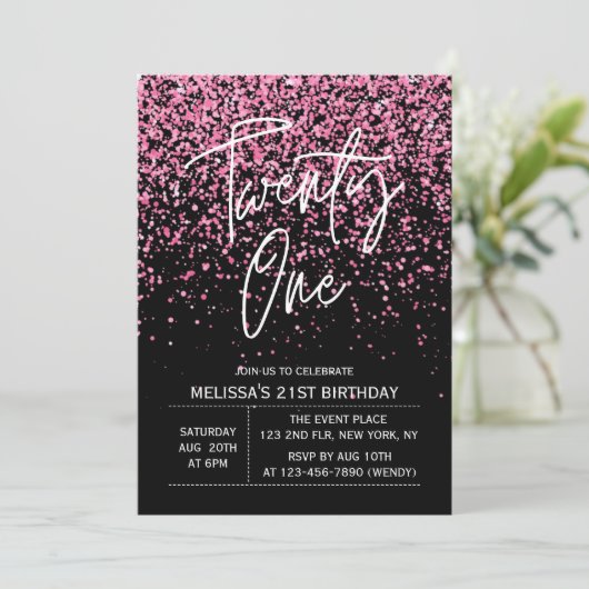 Sparkling Heet Roze Glitter Zwart 21e Verjaardag Kaart (Staand voorkant)