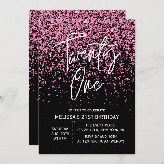 Sparkling Heet Roze Glitter Zwart 21e Verjaardag Kaart (Voorkant / Achterkant)
