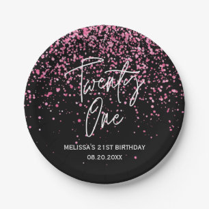 Sparkling Heet Roze Glitter Zwart 21e Verjaardag Papieren Bordje