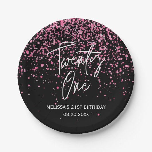 Sparkling Heet Roze Glitter Zwart 21e Verjaardag Papieren Bordje (Voorkant)