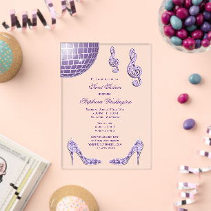 Sparkling Hoge Hakken en Paarse Disco Bal Sweet 16 Acryl Uitnodigingen