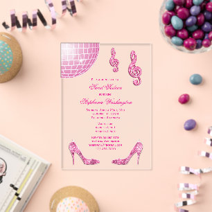 Sparkling Hoge Hakken en Roze Disco Bal Sweet 16 Acryl Uitnodigingen