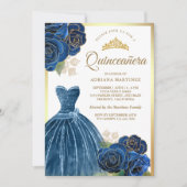 Sparkling jurk Navy Blue Rozen Goud Quinceanera Kaart (Voorkant)