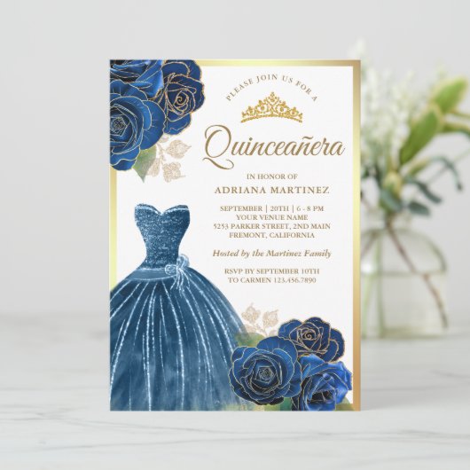 Sparkling jurk Navy Blue Rozen Goud Quinceanera Kaart (Staand voorkant)