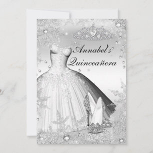 Sparkling jurk & tiara zilver Quinceanera uitnodig Kaart