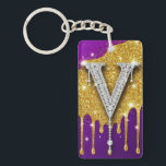 Sparkling Letter V With Gold Glitter Drip Sleutelhanger<br><div class="desc">Sparkling diamond-encrusted letter V set against a gold glitter field with dripping metallic effect and vivid purple background, evoking luxury, glam monogram style, celebration and high-fashion bling.</div>