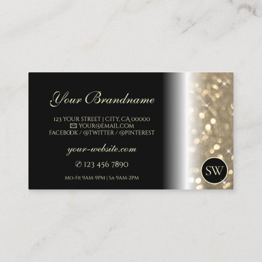 Sparkling Light Gold Glitter Zwart met Monogram Visitekaartje (Achterkant)