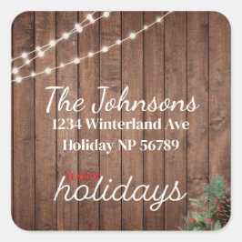 Sparkling Lights Holly Donker Hout Adreslabel Vierkante Sticker