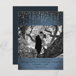 Sparkling Lights Navy Blue Foto Save the Date Kaart