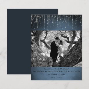Sparkling Lights Navy Blue Foto Save the Date Kaart