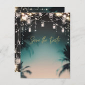 Sparkling Lights Palm Trees Beach Bewaar de datum Aankondigingskaart (Voorkant / Achterkant)