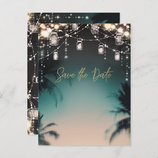 Sparkling Lights Palm Trees Beach Bewaar de datum Aankondigingskaart (Voorkant / Achterkant)