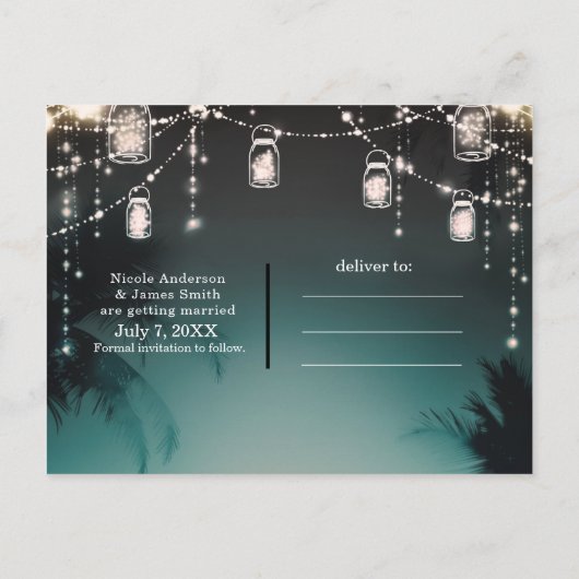 Sparkling Lights Palm Trees Beach Bewaar de datum Aankondigingskaart (Achterkant)