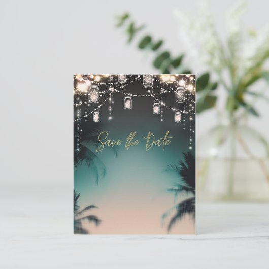 Sparkling Lights Palm Trees Beach Bewaar de datum Aankondigingskaart (Staand voorkant)