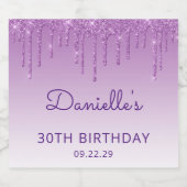 Sparkling Paarse Glitter Drip 30e Verjaardagsfeest Wijnetiket (Enkel label)