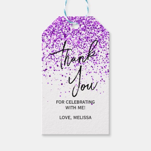 Sparkling Paarse Glitter Witte Verjaardag Dank u Cadeaulabel (Voorkant)