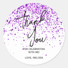 Sparkling Paarse Glitter Witte Verjaardag Dank u Ronde Sticker
