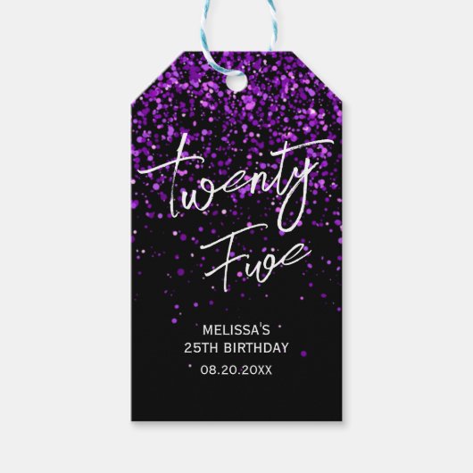 Sparkling Paarse Glitter Zwart Any Age Verjaardag Cadeaulabel (Voorkant)