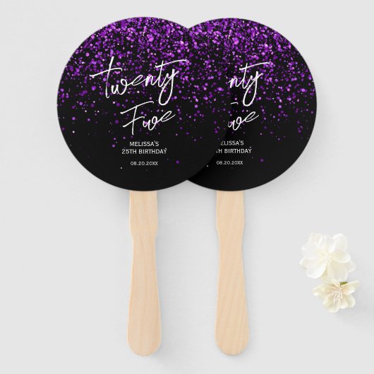 Sparkling Paarse Glitter Zwart Any Age Verjaardag Handwaaier (Voorkant en achterkant)