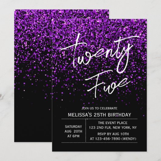 Sparkling Paarse Glitter Zwart Any Age Verjaardag Kaart (Voorkant / Achterkant)