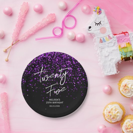 Sparkling Paarse Glitter Zwart Any Age Verjaardag Papieren Bordje (Feest)