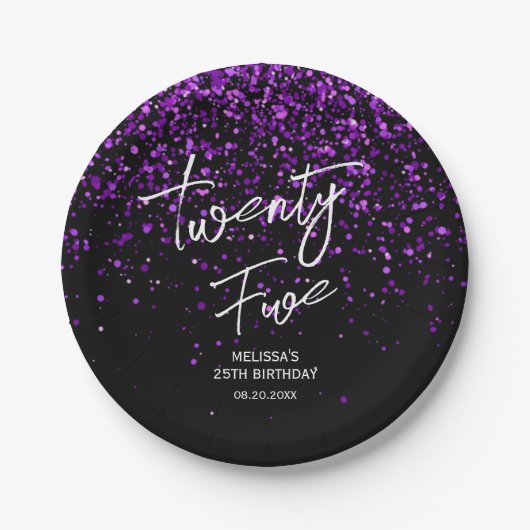 Sparkling Paarse Glitter Zwart Any Age Verjaardag Papieren Bordje (Voorkant)