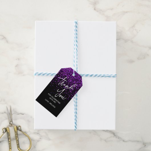 Sparkling Paarse Glitter Zwart Verjaardag Bedankt Cadeaulabel (Met Touw)