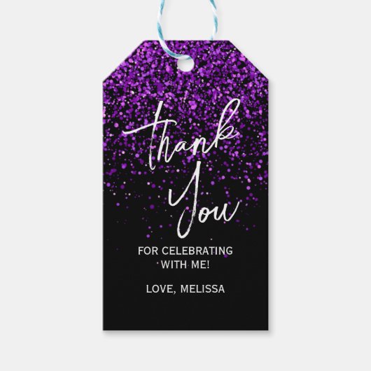 Sparkling Paarse Glitter Zwart Verjaardag Bedankt Cadeaulabel (Voorkant)