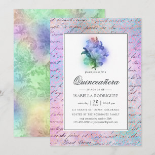 Sparkling Paarse Rozen en Damask Quinceañera Kaart