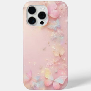 Sparkling Pastel Blauw met Roze Vlinder iPhone C 15 Pro Max Hoesje