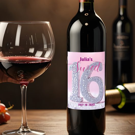 Sparkling Pink Diamond Studded Number Sweet 16 Wijn Etiket